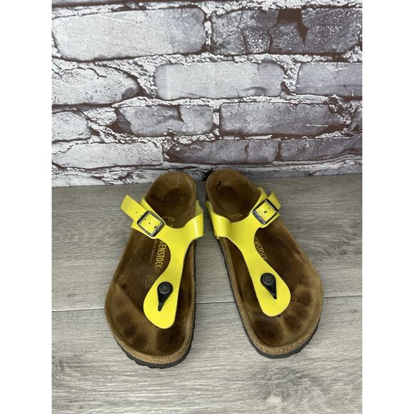 Birkenstock Gizeh Yellow Patent Leather Cork Slide Sandals Women Sz 37EU/6.5M US